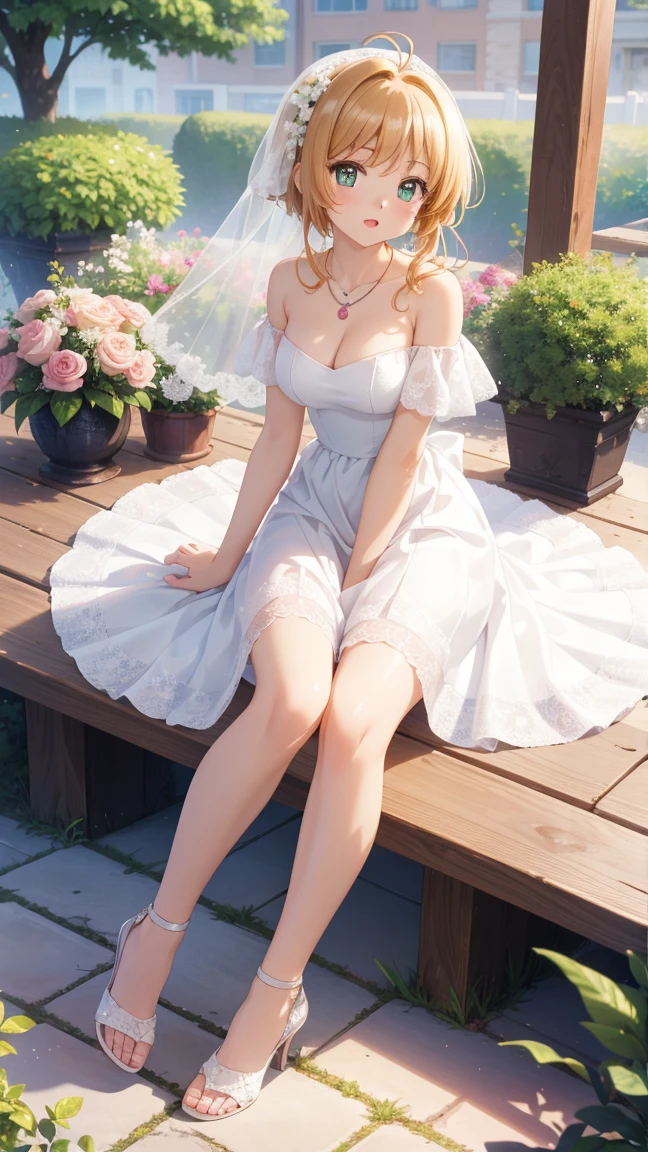 masterpiece, best quality, highres, 1girl, detailed face, blush, anime CG style, (medium breasts), (18 year old girl:1.3), (aged up), good lighting, perfect body, sakura kinomoto, glossy lips, looking at viewer, garden, city, wedding dress, off the shoulder, heels, necklace