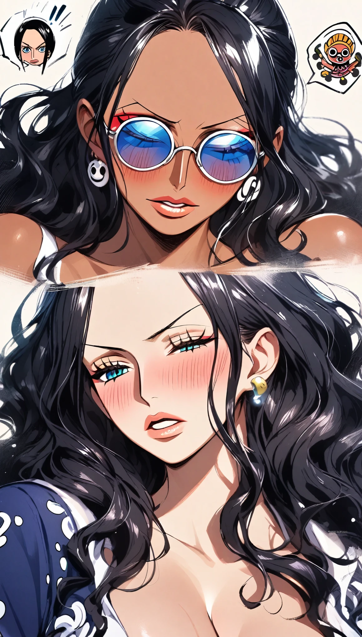 score_9, score_8_up, score_7_up, score_6_up, masterpiece, best quality, intricate details, 1 girl, woman, black hair, nico robin \ (one piece\), blue eyes, sligh wavy hair, ((open eyes)), (medium close-up shot), portrait, focus on face, bust, (chest and face), sun glasses, earrings, defined eyebrows, beautiful lips, (makeup), blush, blushing, perfect face, cleavage, ((nico robin from one piece)) ((female nico robin from one piece)), tan skin, perspective with background,
