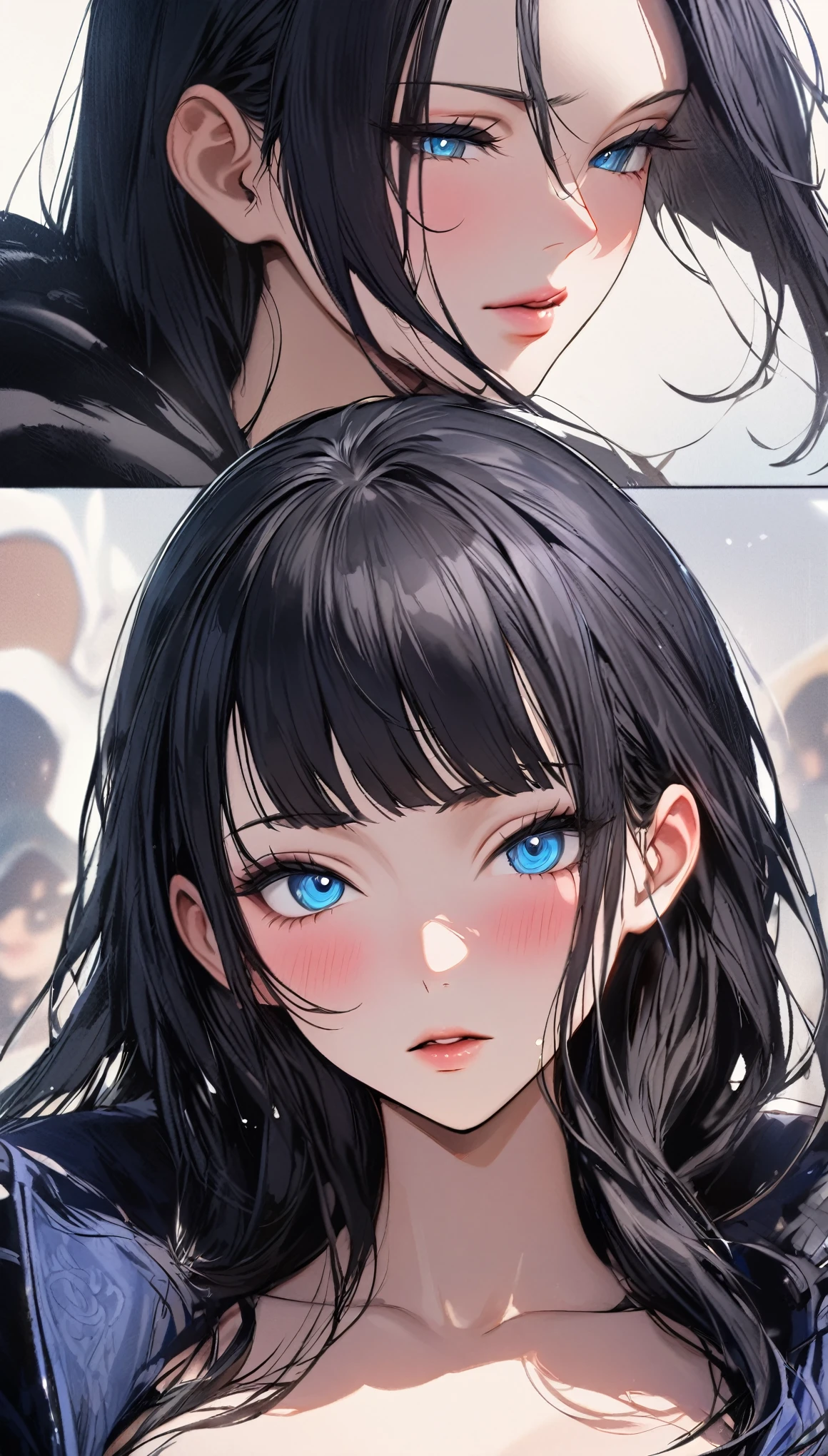 score_9, score_8_up, score_7_up, score_6_up, masterpiece, best quality, intricate details, 1 girl, woman, black hair, nico robin \ (one piece\), blue eyes, straight hair, hair slicked back, ((open eyes)), (medium close-up shot), portrait, focus on face, bust, (chest and face),defined eyebrows, beautiful lips, (makeup), blush, blushing, perfect face, cleavage, ((nico robin from one piece)) ((female nico robin from one piece)), tan skin, curvy, masterpiece, best quality, highres, best illumination, depth of field, perspective with background, vivid colours, colours