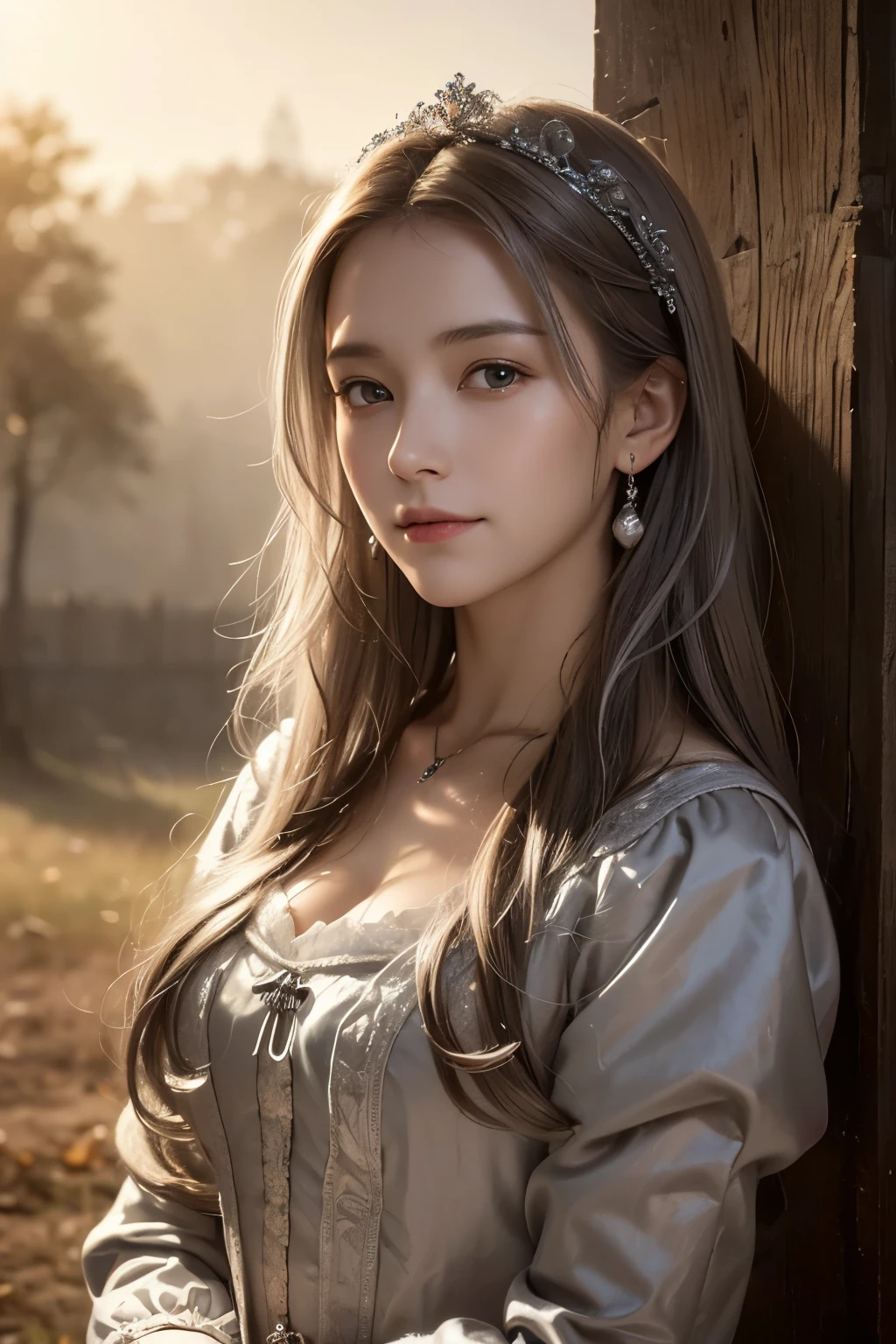 Masterpiece, top quality, elegant portrait of a beautiful woman,,((dark brown silver grey medium hair)),(close up),(lonely smile),hazel eyes,small breasts,(17th century dutch country dress),dramatic atmosphere,soft autumn sunlight,atmospheric perspective,realism,digital painting with oil painting touch,light and shadow,tyndall effect,deep shadows,soft focus,rule of thirds,artistic,artistic lighting,darkness,depth,