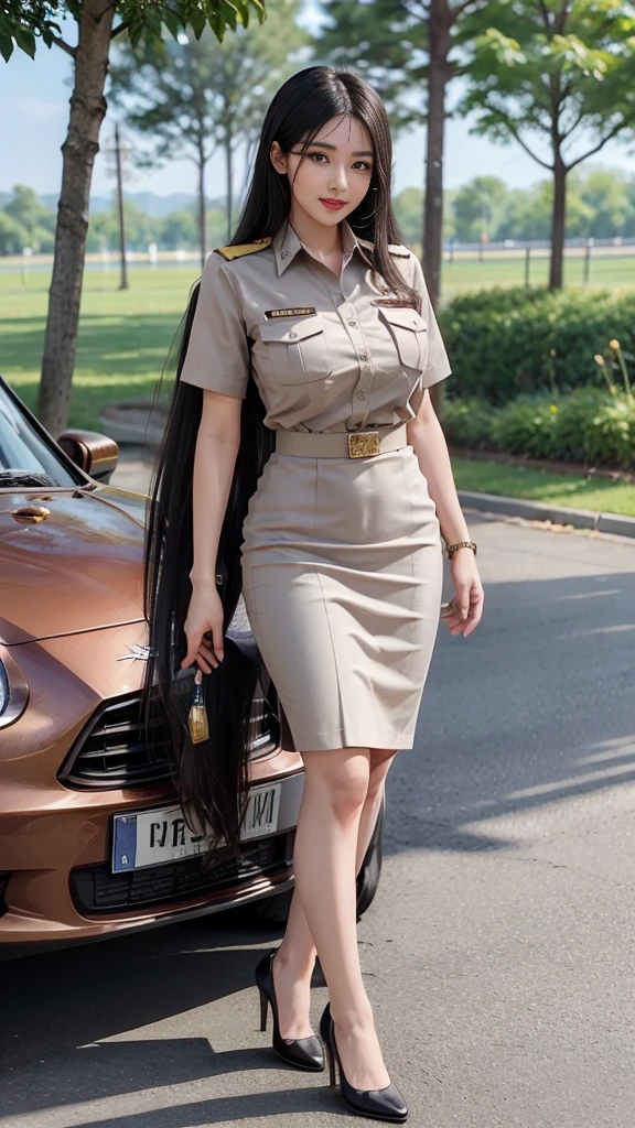 (( Full Body Photos:1.3)), Khaki suit, Khaki civil servant, Thai teacher uniform:1.3, Two meters long hair, Long hair that catches the eye, Long black hair, Her hair is very long., Long, shiny hair, Long, thick, soft hair, ((Ride a luxury car , Stepping off the car)):1.3, Dynamic Post,  short-sleeved shirtสีกากี, Short pencil skirtสีกากี, Side slit, , decorated with military insignia,  black high heels , The sexiest, Small waist, Hip lift, Small thighs, Long legs, (Big Breasts:1.5, Big breasts, Very big breasts, Eye-catching chest, A massive rift), สาวTwo meters long hair, Beautiful face,  red lips, Very shadowy, แต่งBeautiful face,  military insignia , Short pencil skirt, Tighten, Mini skirtพิเศษ, Mini skirtมาก, Mini skirt,  short-sleeved shirt, Tight, In the background, Blurry Garden., Holding a textbook, Big breasts:1.3, เสริมBig breasts,  Perfect body ,  anatomically correct , Height 172 cm , , walk, stand, sit with grace , Reiterates that it is a short-sleeved shirt.,