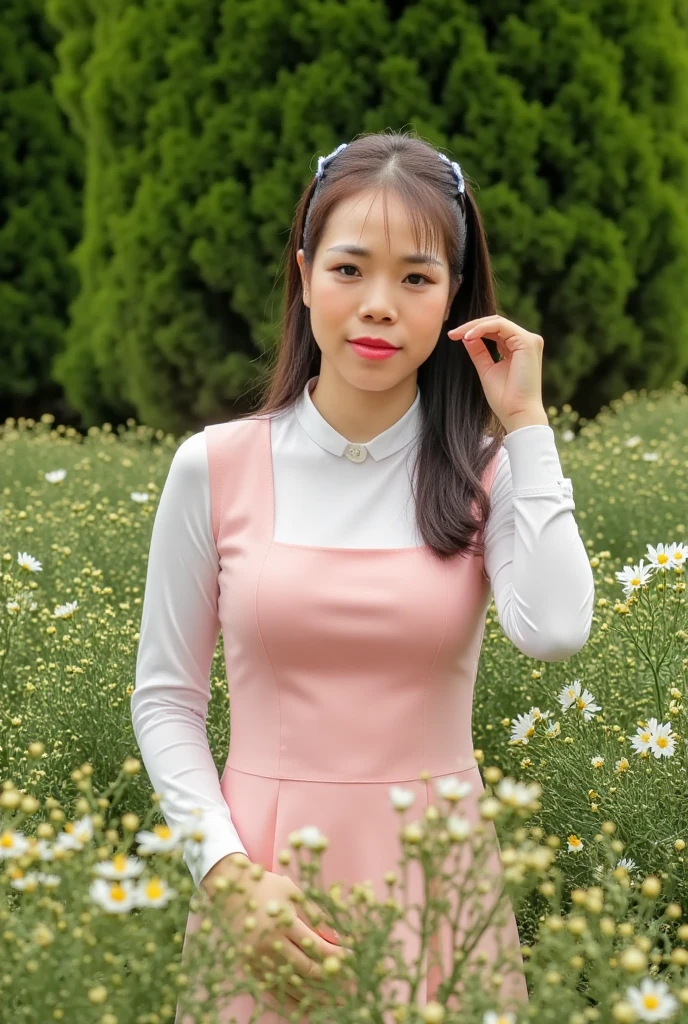 huongtrinh, 39 years old, (Realistic, Photorealistic), Pastel colored mini dress with puffy sleeves, paired with a white sneaker , K-Pop idol, standing and looking at the viewer, ((highest quality)), ((intricate details)), ((realistic)), absurd resolution, highly detailed photo, one girl, medium breasted, perfect hands, detailed fingers, beautifully detailed eyes,((curly hair)),((long hair)), black eyes, Detailed background, perfect eyes, enchanting eyes, looking. Viewed from the front