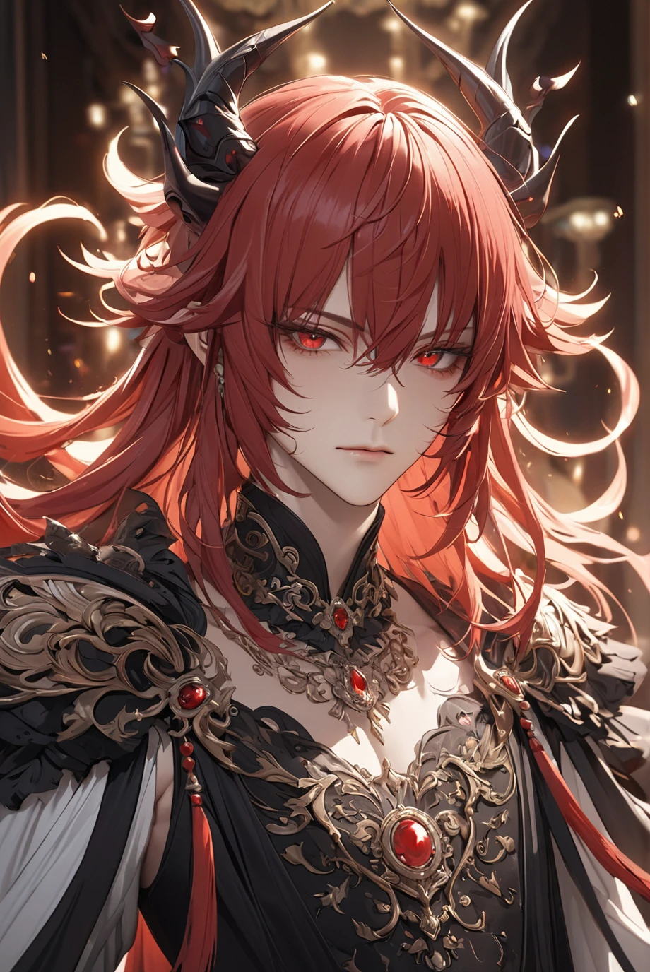 masterpiece,  Top Quality 动漫插图,  is very detailed , Extreme details, 16K, 2.5D, Delicate and dynamic, 1 male, Demon King，Redhead, Red eyes, Eye details， beautiful eyes ，The look is arrogant, Bohemian，Fine Bangs , Exquisite facial features,Full body portrait， Gorgeous Black Costumes ，Magic palace，风 effect, Flash Effect,  Top Quality , Rich details, Perfect image quality