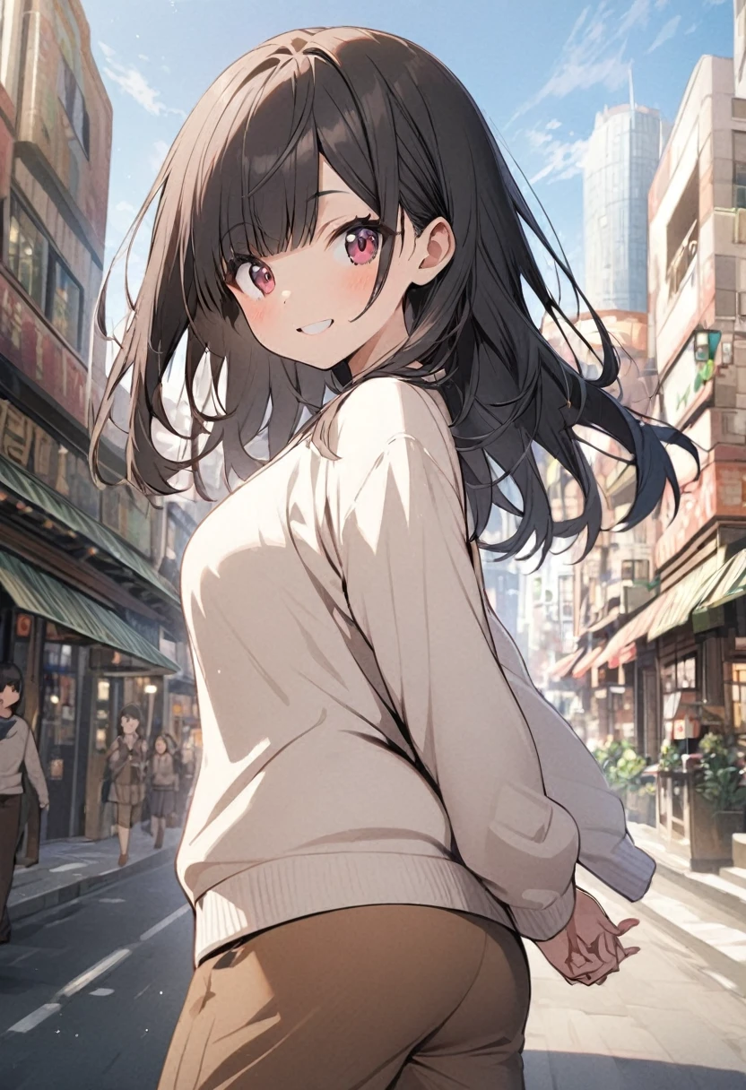 one girl, straight hair, black hair, straight bangs, burgundy eyes, white cardigan, brown pants, cute smile, looking at viewer, hands behind back, walking, city background, daytime