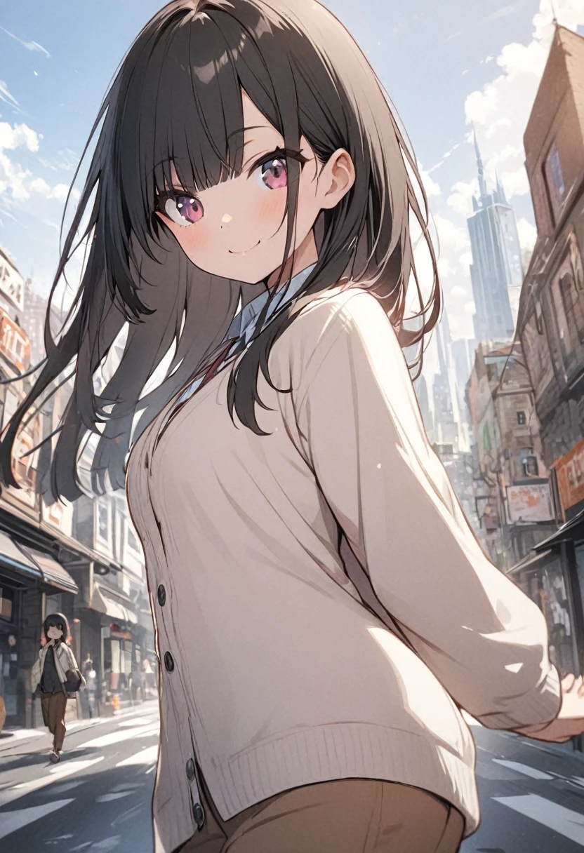 one girl, straight hair, black hair, straight bangs, burgundy eyes, white cardigan, brown pants, cute smile, looking at viewer, hands behind back, walking, city background, daytime