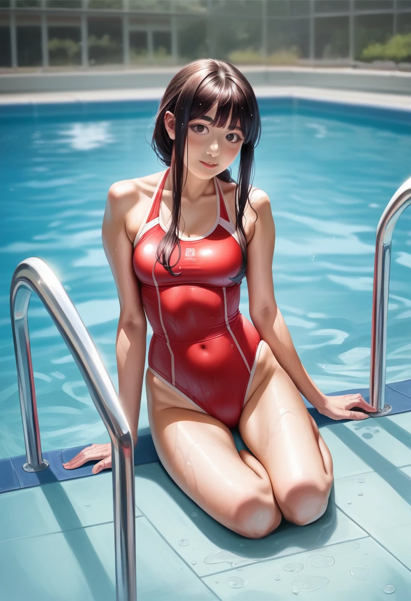 (((masterpiece))),(((High resolution))), (((perfect face)))、(((Japan beauty)))、15 years old, (((swimsuit))), ((top quality eyes)), detailed texture, ((high resolution face)), (at the swimming pool)
