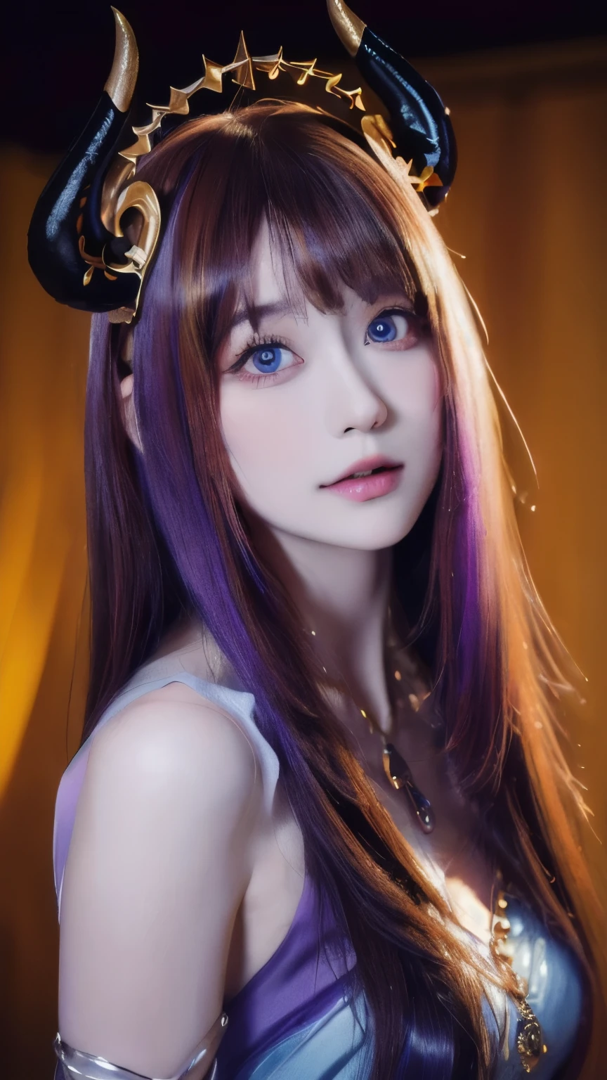 (masterpiece:1.3), (8k, photorealistic, raw photo, highest quality:1.4), (one girl), beautiful face, (realistic face), (long hair), (shiny hair, beautiful straight hair), (even bangs), (sharp bangs), straight hairstyle, realistic eyes, beautiful detailed eyes (purple eyes), (sharp eyes), (realistic skin), beautiful skin, demon horns, attractive, ultra high resolution, ultra realistic, highly detailed, golden ratio, colorful background, (energy dancing background), magician, 