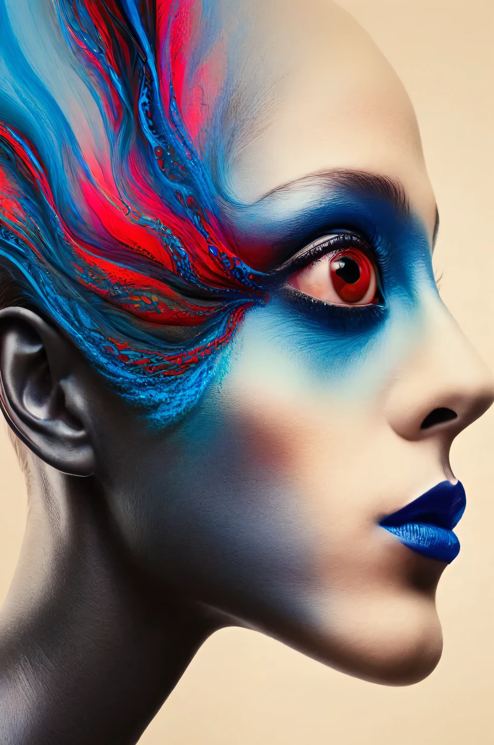 The image is in the style of the modern artist Alberto Seveso, the silhouette of a typical alien with a large elongated head, large eyes and a small mouth, the alien is shown as a contour, streaks of blue and red hues are mixed with fractals of gray smoke inside the contour, full compliance with the style of Alberto Seveso