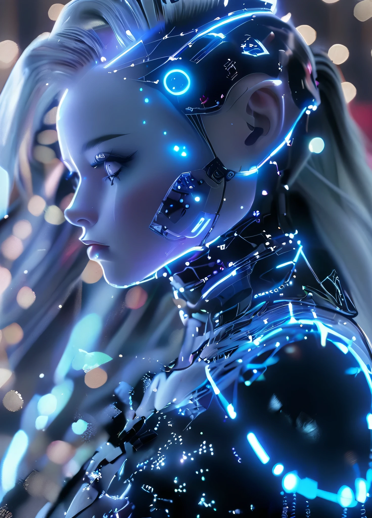 A cute and popular "KAWAII" female idol group that debuted from Japan's top model agency in 2124. the costume is pop & colorful ( blue & silver ) cyberpunk cyborg robot