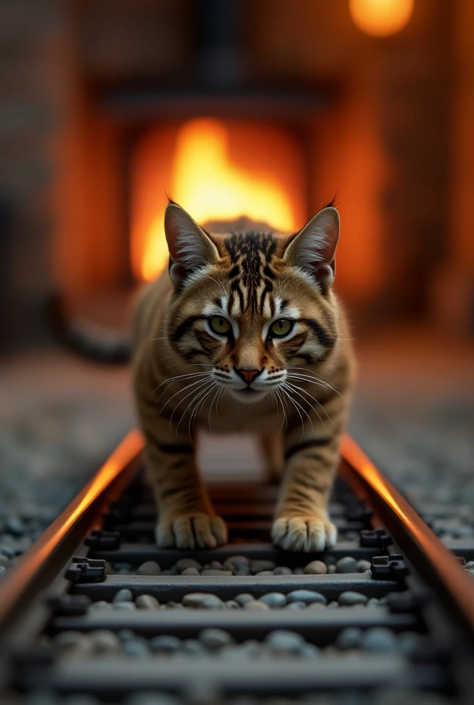 A tiger cat with a face that looks like it is crouching in a circle on a 9mm gauge model railway line and is aiming for something、facing the camera、 aiming with a black eye in the middle 、Taking a position on the verge of jumping off , Cozy fireplace, Detailed characteristics of cats , Realistic, 8k, Advanced Details,  best quality,  Complex fur texture , Realistic lighting, soft colors,  Warm colors 