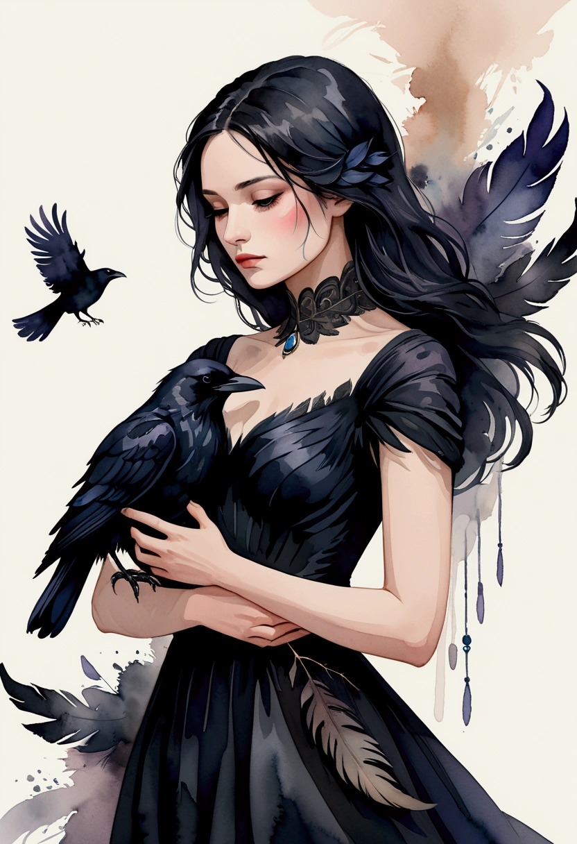  19 years old, large breasts, triple D cup breasts, sexy, horny, round buttocks, bubbly buttocks, fit and strong, slender body, plump lips, bubbly ass, Ink drawing of a raven, side profile, moden ao Dai, full body, Peter Draws, digital illustration, comic style, black and white contrast, perfect anatomy, centered, dynamic, detailed, watercolor painting, artstation, concept art, smooth, sharp focus, illustration, art by Carne Griffiths and Wadim Kashin,