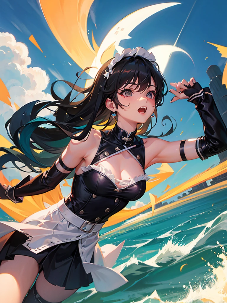 ((masterpiece, best quality)), (1girl), (solo), (female focus), yoru \(chainsaw man\),(very detailed face, real image, realistic white skin, realistic body, intricate details), back, looking at the viewer, black hair, intimidating look, casual clothes, small breasts, short shorts