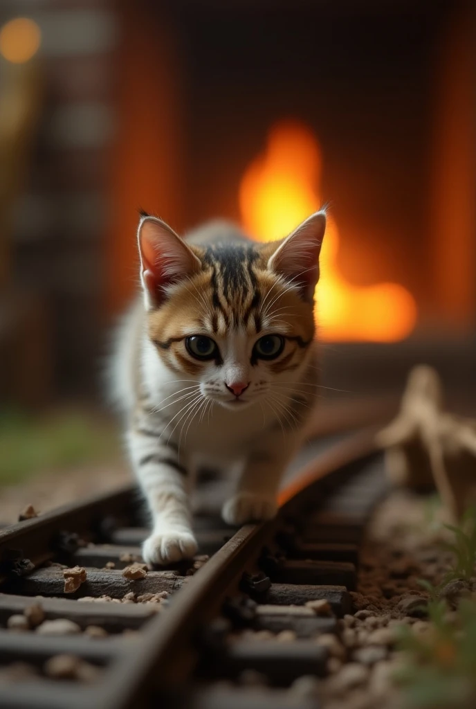 A cat with a face that looks like it is crouching in a circle on a 9mm gauge model railway track and is aiming for something、facing the camera、 aiming with a black eye in the middle 、Taking a position on the verge of jumping off , Cozy fireplace, Detailed characteristics of cats , Realistic, 8k, Advanced Details,  best quality,  Complex fur texture , Realistic lighting, soft colors,  Warm colors 