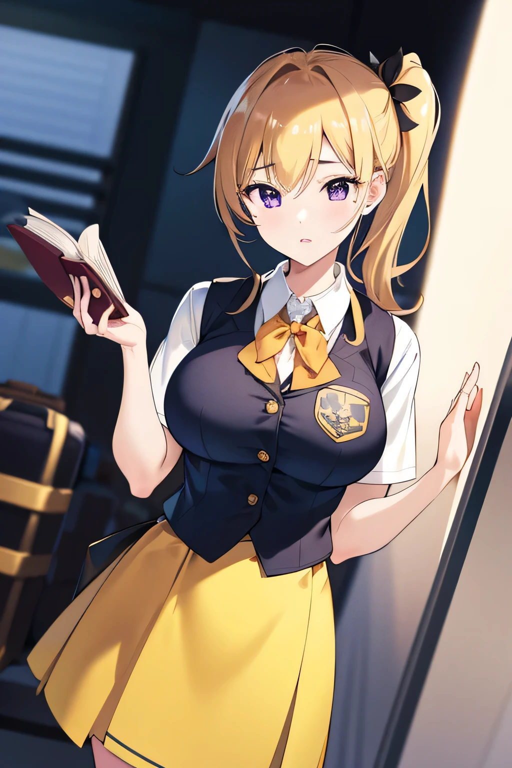 score_9, score_8_up, score_7_up, source_anime, mai kawakami, blonde hair, hair ribbon, long hair, mole, mole under eye, ribbon, side ponytail, purple eyes, large breasts,, school uniform, skirt, vest, yellow vest, skirt, white skirt,, airport, waiting area, suitcase, flight delayed, passengers, reading book, , , v, v over eyes,, solo,, dutch angle, cowboy shot