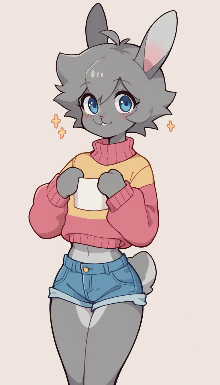  best quality , Very detailed illustration, (Anthropomorphic furry rabbit boy:1,7), gray fur, blue eyes  , tousled voluminous hair, Playful look, Slim, ideal body, thin waist,  wide hips, Simple drawing, Artifyber style, pastel flat colors, Cute, cartoon, sweater, short shorts