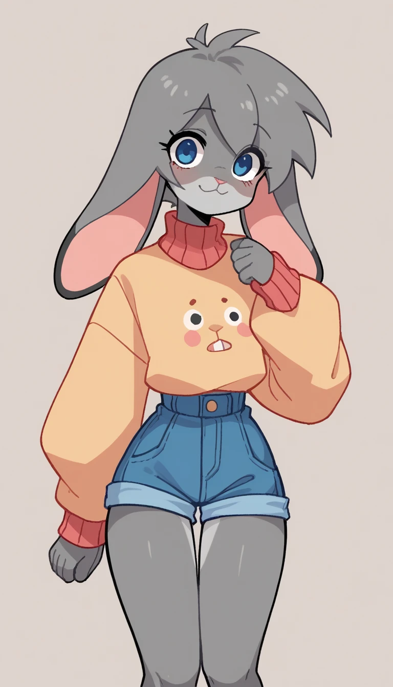  best quality , Very detailed illustration, (Anthropomorphic furry rabbit boy:1,7), gray fur, blue eyes  , tousled voluminous hair, Playful look, Slim, ideal body, thin waist,  wide hips, Simple drawing, Artifyber style, pastel flat colors, Cute, cartoon, sweater, short shorts