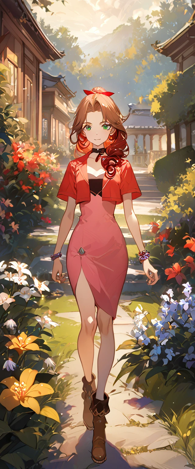 masterpiece, best quality, 8k, 4k, 1girl, aerith gainsborough, brown hair, high middle bang, longer side curly bang, long tight curly ponytail, green eyes, red hair ribbon, red bolero jacket, short sleeve jacket, cropped jacket, black tie choker, long pink straight dress, brown boots, bangles, walking in a garden, flowers, detailed background,, inspired by Asukaziye artist : ask, art style : ask