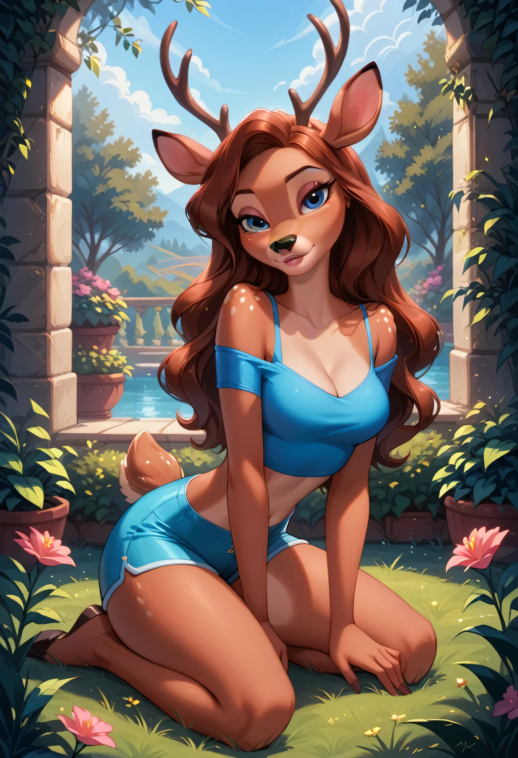 score_9, score_8_up, score_7_up, 1 deer, solo, very sexy (lolabunny, anthro, furry female, deer ears, deer girl, animal nose, blue eyes, body fur:1.3), (beautiful waifu, feminine, gorgeous, long legs, beautiful eyes, detailed face, long wavy hair:1.2), wearing (tight shorts, crop top:1.3), cleavage, confident, seductive, flirt, gaze, sexy look, head tilt, filled lips, thick lips, sexy pout, (at disney world, in her beautiful garden, kneeling, leaning forward, down blouse, tending to her flowers:1.2), model pose, sexy pose, elegant, glamorous, dimly lit, expressiveh d4rk01l, perfect hands, perfect proportions.