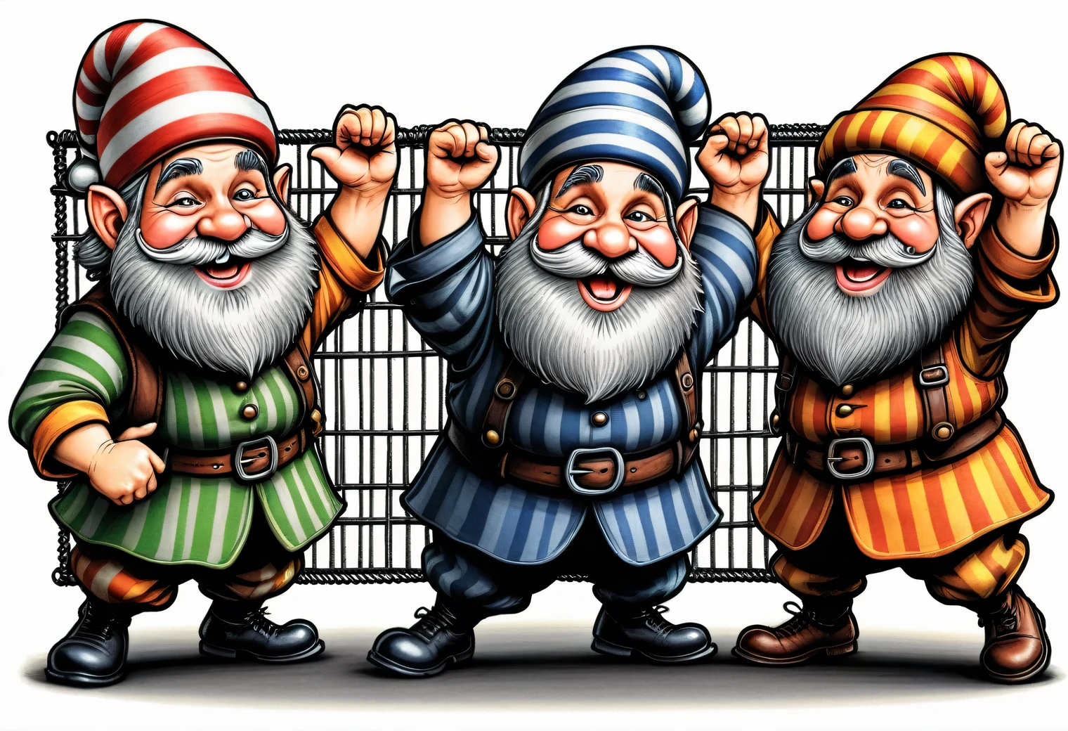 Two funny hunchbacked dwarves are dancing a silly dance next to each other, one dwarf has a long striped cap on his head, and the other has a flat beret in a cage, the dwarves raised their hands up and laugh. Full version, humorous sketch, colored pencil drawing, vector graphics, clear linear contours in black pencil, detailed, clear