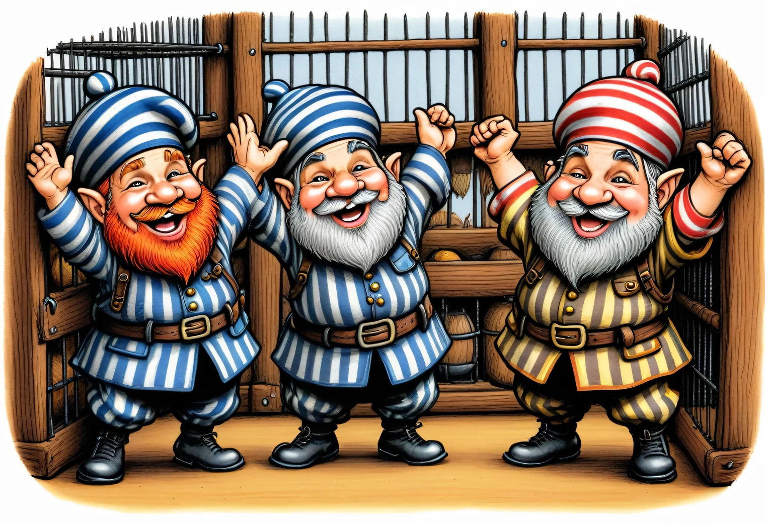 Two funny hunchbacked dwarves are dancing a silly dance next to each other, one dwarf has a long striped cap on his head, and the other has a flat beret in a cage, the dwarves raised their hands up and laugh. Full version, humorous sketch, colored pencil drawing, vector graphics, clear linear contours in black pencil, detailed, clear