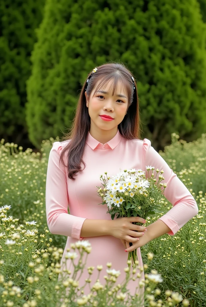 huongtrinh, huongtrinh, 39 years old, (Realistic, Photorealistic), Pastel colored mini dress with puffy sleeves, paired with a white sneaker , K-Pop idol, standing and looking at the viewer, garden white flower, ((highest quality)), ((intricate details)), ((realistic)), absurd resolution, highly detailed photo, one girl, medium breasted, perfect hands, detailed fingers, beautifully detailed eyes,((long hair)),((hight curly hair)), black eyes, Detailed background, perfect eyes, enchanting eyes, looking. Viewed from the front