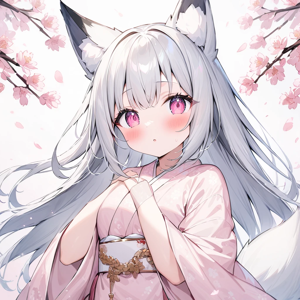 Light line drawing、Bright colors、White fox girl 、Gray Hair、 Sleek long hair 、Fox Ears、  Fox's Fluffy Tail  、Ruby Eyes、Slanted Eyes、cute、  White and Pink Luxurious Kimono、Fluttering Ornament  、Under the cherry tree、Cherry Blossom Snowstorm、Beautiful work