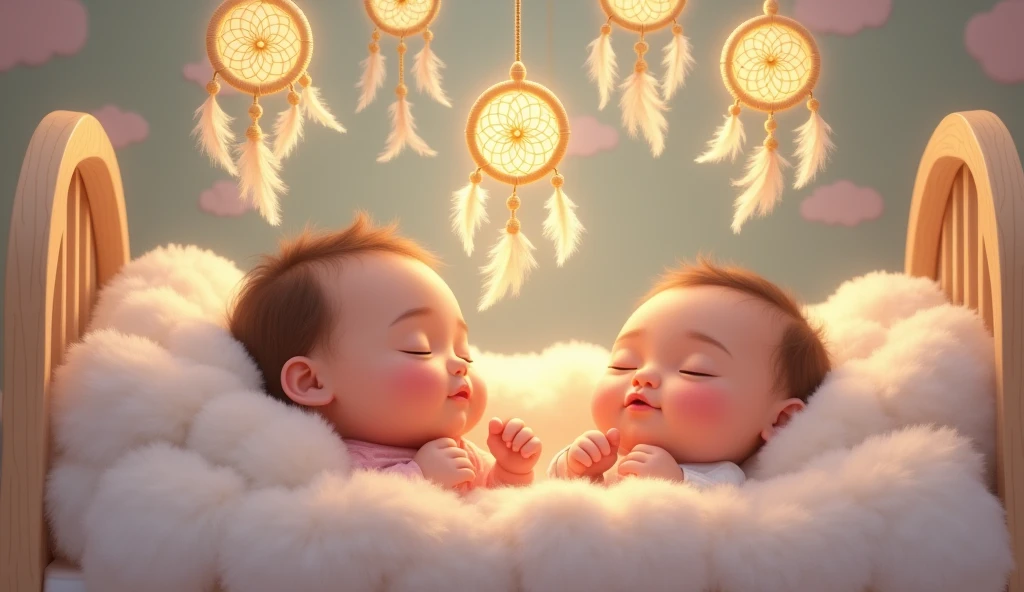 A baby peacefully sleeps with a serene expression on a soft, fluffy pink cloud. The baby wears a pastel pink headband with white stars and a matching outfit. Above, a crescent moon and glowing stars illuminate the dark night sky, creating a dreamy and tranquil ambiance.
