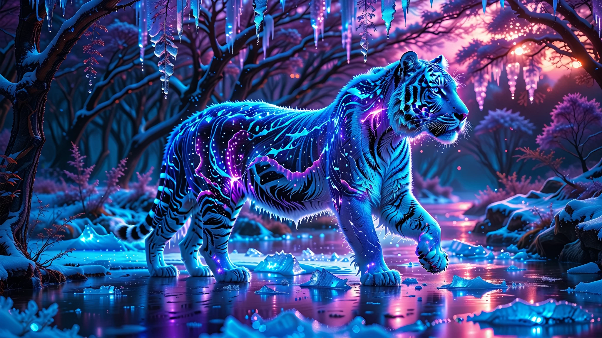 A Masterpiece In 32K Resolution, Supreme Quality, Super Detail, Official Art, Very High-Resolution 32K Wallpaper, Beautiful And Aesthetic, Ultra-Detailed Features, Awe-Inspiring Detail. Towering Bioluminescent Trees Stretch Into A Purple Sky, Their Branches Pulsing With Electric Blue Light. Rising From The Depths Is A Colossal Ice Tiger, Its Body Covered In Frozen Armor-Like Stripes. Massive Paws Unfold From Its Sides, Glinting In The Light, Its Frosty Breath Leaving Trails Of Sparkling Ice In The Air. Giant Floating Beasts Drift Through The Air, Their Silhouettes Blending With The Exotic Landscape.