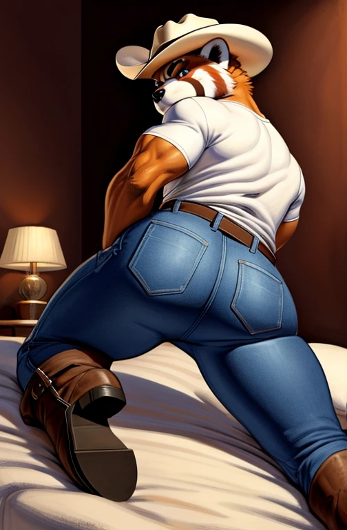 solo, male, tan and brown fur colour, german shepherd, muscular, wearing brown knee-high cowboy boots, wearing white t-shirt and tight blue jeans, beige cowboy hat, fluffy tails, looking back to the viewer, smirk expression, full body view, laying back on the bed, at bedroom, by chunie