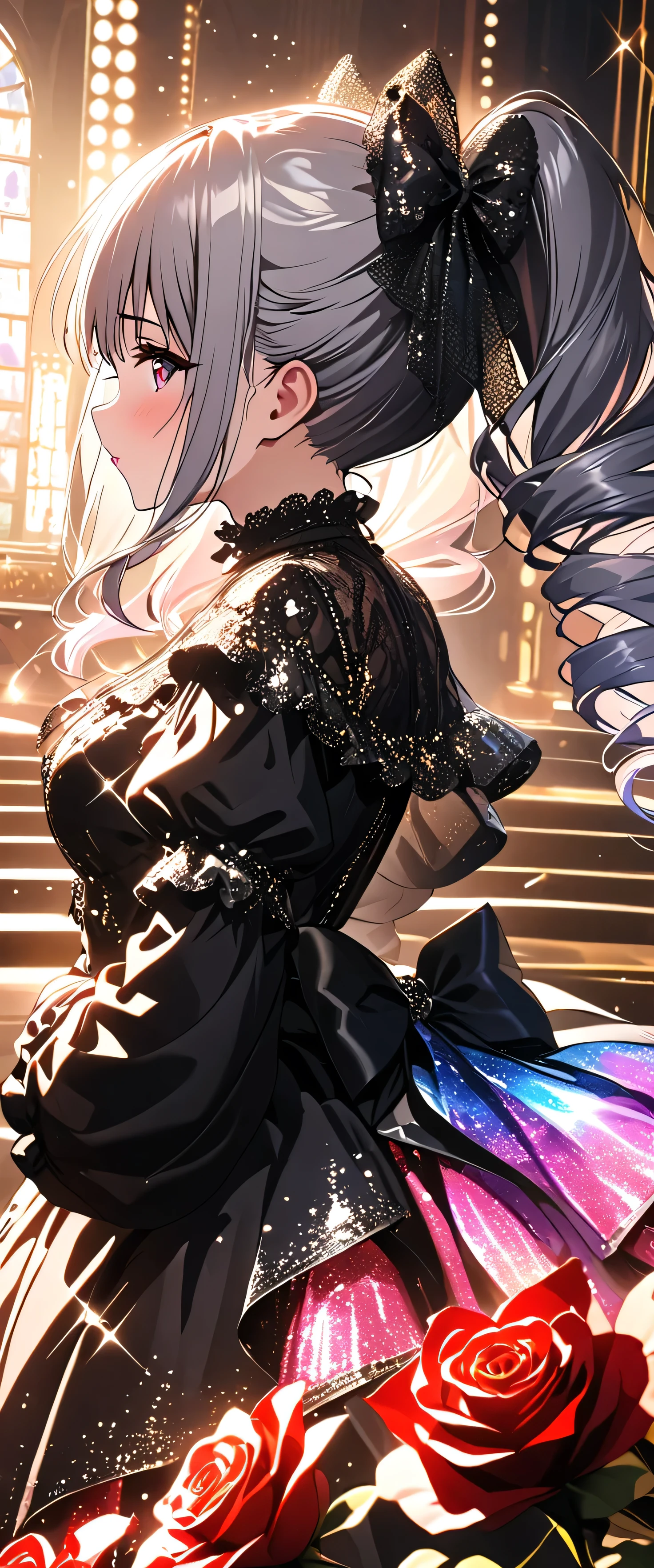 (beautiful girl:1.3),1girl,masterpiece,Ultra-high resolution, rich contrasts,Very high quality,8k,very detailed CG unit wallpaper,Texture,So ridiculous,RAW Photos,Highest quality anime,Depth of written boundary,ultra-detailed eyes,Glowing Skin,Glitter Effect,Beautiful glossy lips,knzkrnk , long hair, grey hair, sidelocks, twintails, drill hair, twin drills, bangs, hair between eyes, hair ornament, hair bow, red eyes, medium breasts,score_9, score_8_up, score_7_up, source_anime,(A cane with a rose tip),tearful,Theatre Stage,Tilt your head.blush,gothic ta,(Sing with your mouth wide open),( Profile:1.5),Roses are dancing