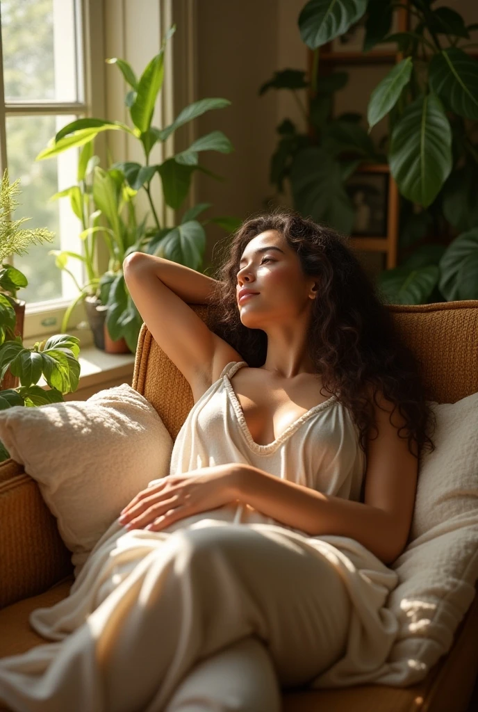beautiful woman, sitting on bed, wearing loose off-shoulder top, pajama pants, long curly hair, soft lighting, plants in background, window with sunlight, cozy room, relaxed pose, realistic, intricate details, warm colors, by Greg Rutkowski, by Alphonse Mucha, red top sexy,