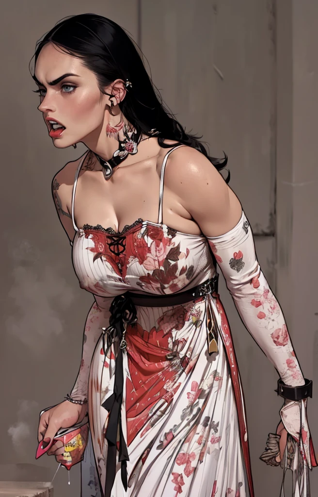 masterpiece, (ultra detailed), (ultra realistic), megan Fox, extremely curvy, gorgeous, detailed face, beautiful angry face, (gigantic breasts:1.5), bursting breasts, (angry demonic expression:1.2), tight bloodstained dress, long white dress with black lace belt, deep cleavage, covered nipples,   masterpiece,  best quality,  high resolution