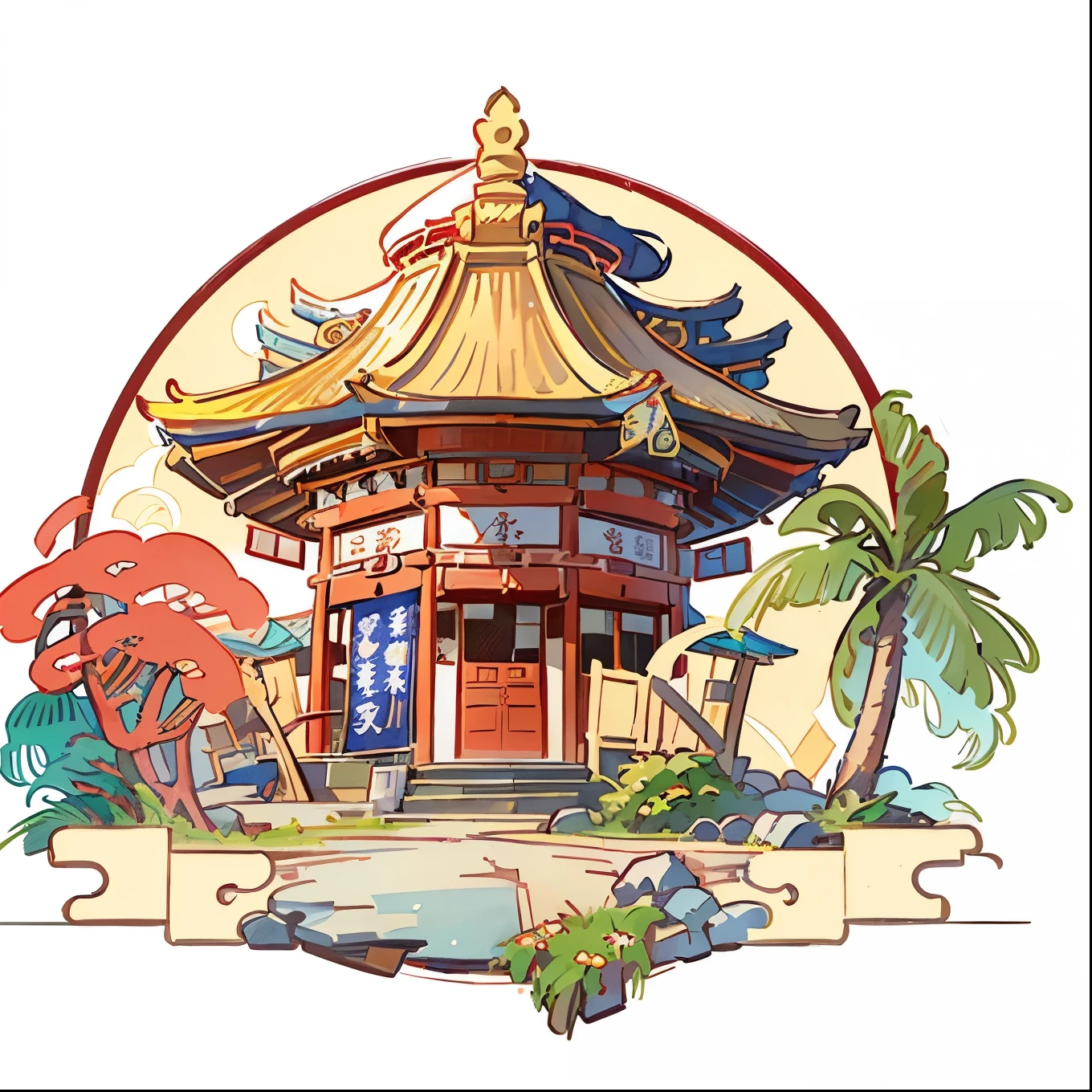  There is a red object ， with a bottle of beer and a palm tree, Chiba Prefecture , digital painting of a pagoda,  Telegram Sticker  design, illustration logo,  gta Chinatown Art Style , pagoda,  Telegram Sticker ,  Gunma Prefecture ,  Saitama Prefecture ,  Kanagawa , Official illustration, Promotional Art , advertising images, Taiwan, Guangjian, Full color illustration