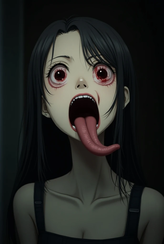 (masterpiece:1.3), (8k, Realistic, RAW Photos, highest quality: 1.4), ((1 Kayako)), Beautiful Face, (Realistic Face), (Black Hair, Long Hair:1.5), Beautiful hairstyle, ((bangs:1.2)), Realistic eyes, Beautiful fine details, (Realistic Skin), Beautiful Skin, ((Pale skin:1.4)), Absurd, Charm, Ultra-high resolution, Ultra-realistic, Very detailed, Golden Ratio, Cinematic, (Complex:1.3), (Best Shadow), Side lighting, Low contrast, (Smile), (Frowning), (Flushing), NSFW (Completely naked), (On all fours), NSFW ((Giving a blowjob)), (fellatio), (deep throat:1.1), real vagina, (Wet vagina), BRAKE (1boy, 1penis), real penis, real glans, real tips, ((Thick penis)), Penis with protruding blood vessels, projectile cum, excessive cum, BREAK (Dark bathroom), (steam:1.2), BREAK ((cowboy shot)), (Looking up from below)