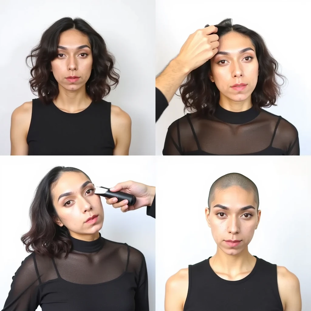 beautiful woman's head shaving makeover using hair clippers