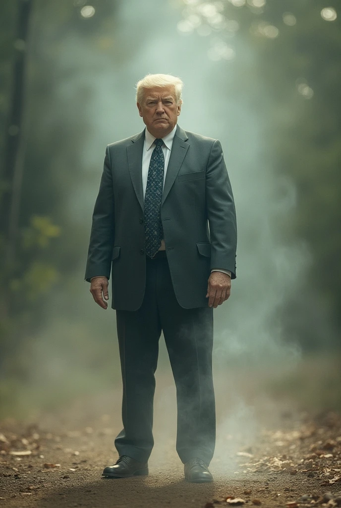 President Trump wore a suit with an evil expression in the middle of a clearing in a burning forest