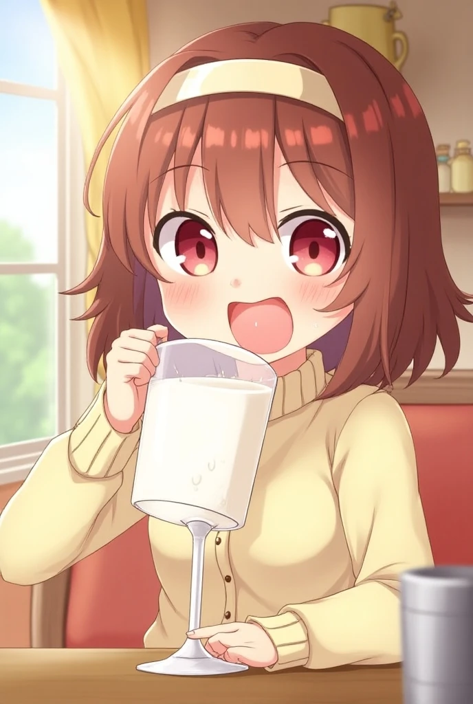 2 girl , nude , brown hair , pink nipples , big boobs , bangs , Short Hair , on the bed , bottle feeding , milk , pour milk into the chest , pour milk on your face