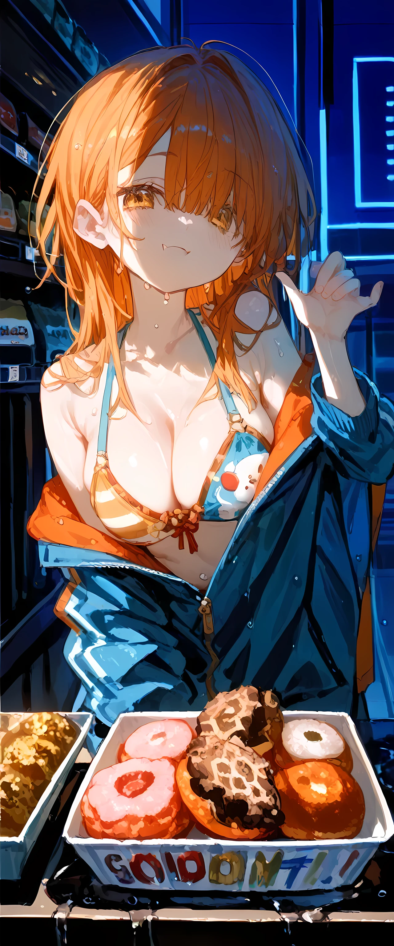 ( High Resolution Masterpiece , 超 High Resolution , high detail, High Resolution Model, best quality:1.2), Young Girl,White skin,Oily, Sweaty skin, Golden orange hair with bangs , highlight color hairstyle,Inner Color, Behind the ear,Large Breasts, Good eyes, wet hair , Diagonal bangs, Hair covering the eyes:1.3, Cookhold Subjective (masterpiece:1.5), Super detailed, High Resolution , 8k, Beautiful golden eyes、 detail, 1 cute girl, A young girl with medium-length orange hair,Medium-length hair with golden sagging eyes, Large Breasts,In the middle of taking off my jacket,Fang Smile,Shopping at a convenience store,Waist-length hair