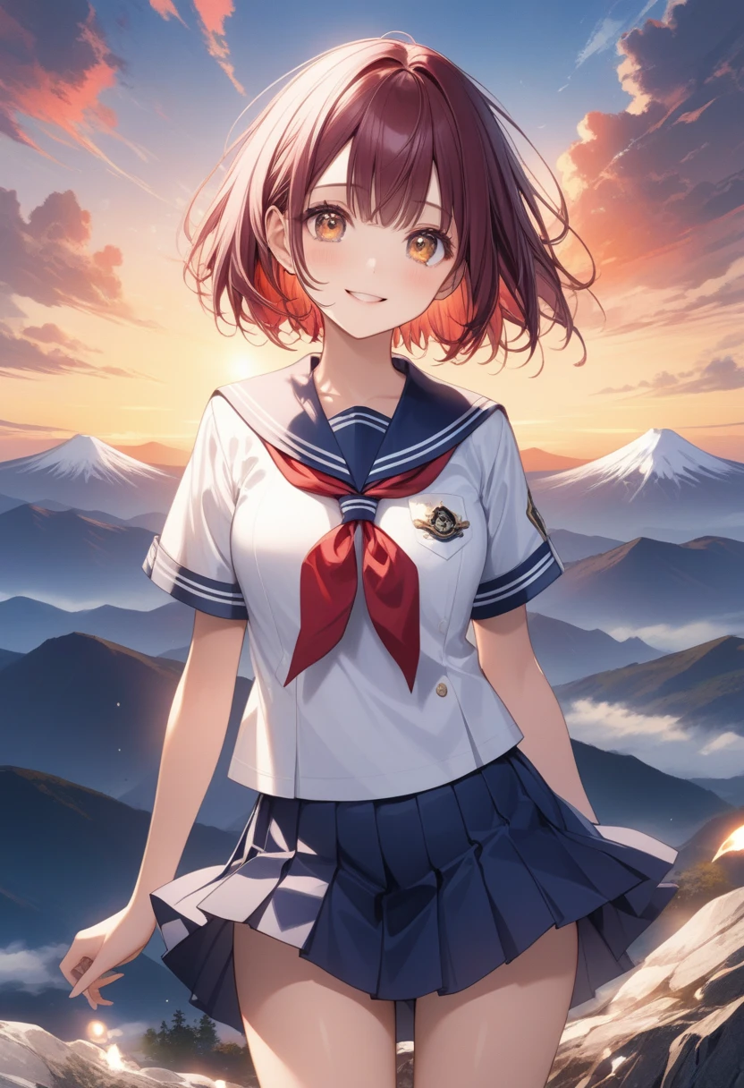  shiny maroon hair , short hair, (  brown pretty eyes  、  sparkling eyes, fine grain)、smile、 very detailed eyes、 Highly detailed face, Very elaborate eyes  ,,  cowboy shot、 ( best quality, masterpiece:1.2), 非常に  High Resolution  ,  High Resolution  , Women only、 best quality、 best quality、 White short-sleeved sailor uniform、 Navy Blue Mini Pleated Skirt 、 Very short mini skirt 、Bare thighs、、  m . Fuji towering in the distance、 red々 and a Burning Sunrise Dye the Sky  、  A Girl Standing Alone at the Top of the Mountain  、 Eyes Looking Up at the Sky 、 sun&#39; Light Pouring Down on Earth 、  Beautiful Scenery from a High Place  、 Girl Standing at the Top of a Mountain 、Clear々 A Place Full of Joy and Hope 、 (少女がFuji山の壮大な景色を眺めながら日の出を迎える. Fuji:1.5)