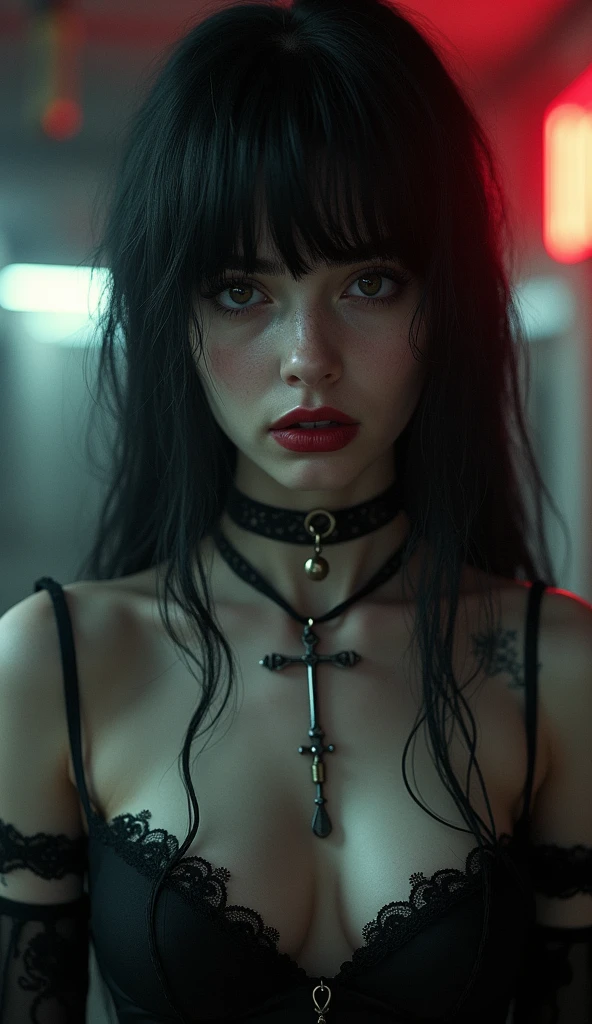 Cyberpunk girl, with wires comming out, mandibles, dentes afiados, Filme de Horror, animatronic, filme gore, filmed with panavision, monochrome, old VHS style, beautiful face, sexy, close up, eyes looking at the camera, closed up, pretty eyes