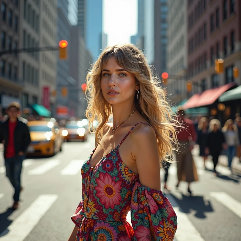 carla relaxing on a luxury rooftop, overlooking a city skyline at sunset, wearing a chic summer dress, her hair gently tousled by the wind, leaning on the railing with a serene yet flirtatious expression.