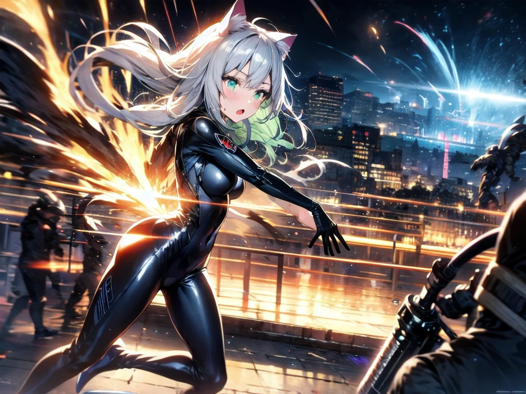 prompts A silver-haired beautiful girl with cat ears eyes are green hair is silver and long clothes: a form-fitting black combat suit The fist is an afterimage The background is a city at night her is in a cat-like fighting pose The year is 14 years monitor, Dark Night, Sweat, Steam of Exhalation, Space, Battle, Dynamic Angle,