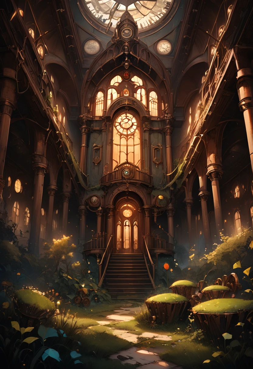 a small steampunk house on a vast field, detailed clockwork gears, brass accents, intricate architecture, abandoned and overgrown, warm lighting, golden hour, cinematic composition, highly detailed, photorealistic, 8k, dramatic lighting, moody atmosphere, lush vegetation, rusty metal, steam punk, intricate mechanisms, magical realism, fantasy landscape