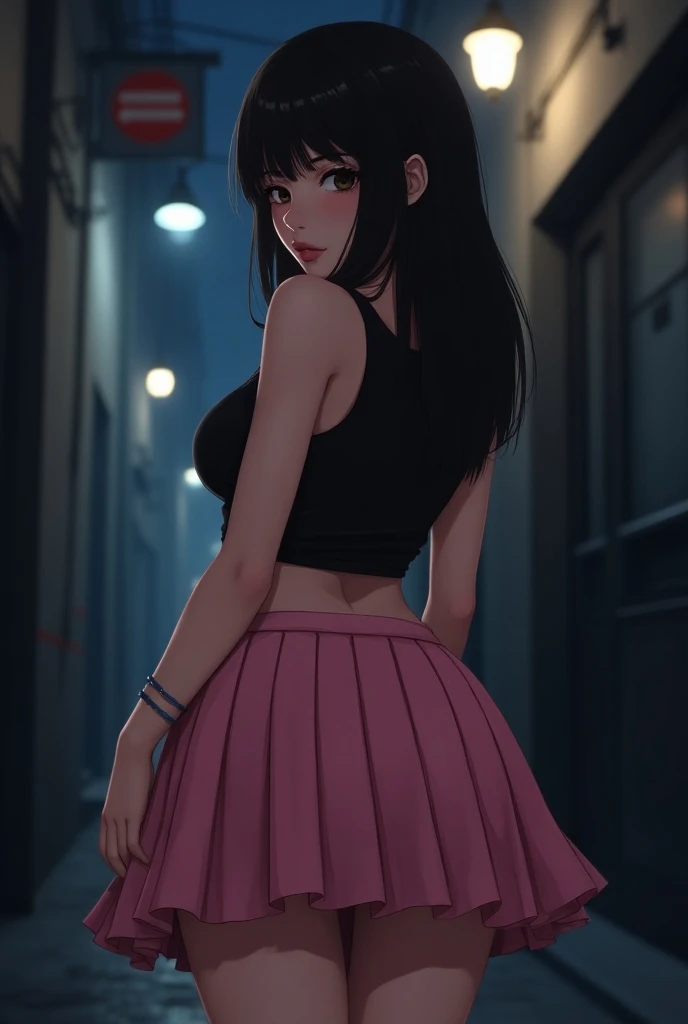 Mina, (detailed lighting, extremely detailed skin, extremely detailed hair, shadows, 8k), looking at viewer, (High Key Lighting), long black hair, fit figure, (smile) ,(blush), sweating, athletic model body, (posterior view), frontal shot, Professional Lighting, intricate, bokeh, cinematic lighting, simple background, blouse, skirt, pantyhose