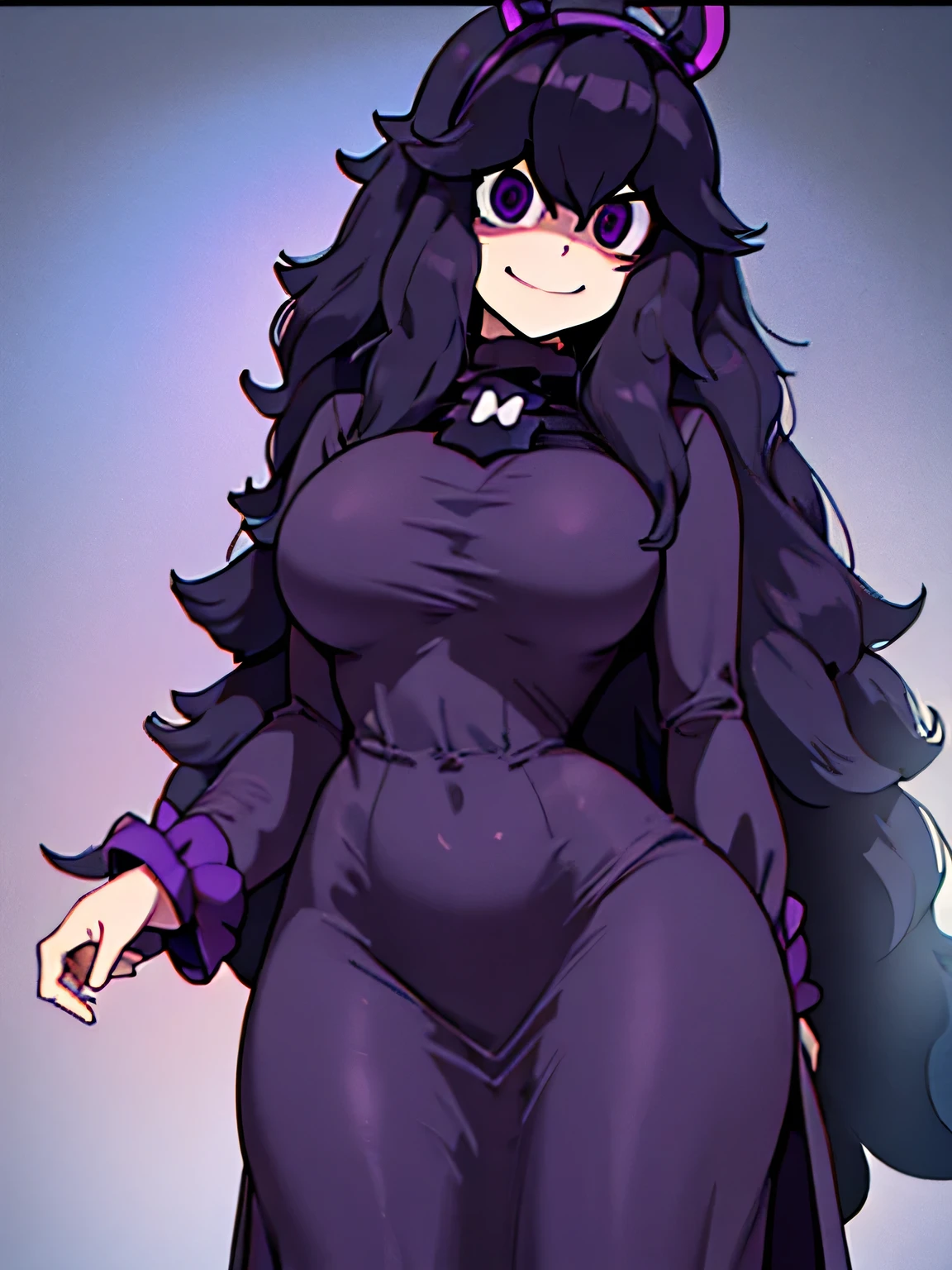 masterpiece,anime screencap,source_anime,highly detailed eyes,highly detailed face,highly detailed girl,simple background,face focus,smile,(hex maniac:1.5), hairband, messy hair, (purple eyes:1.1), purple hair, purple hairband, @ @,
black dress, dress, long dress, long sleeves, juliet sleeves,standing,contrapposto,model posing,life drawing