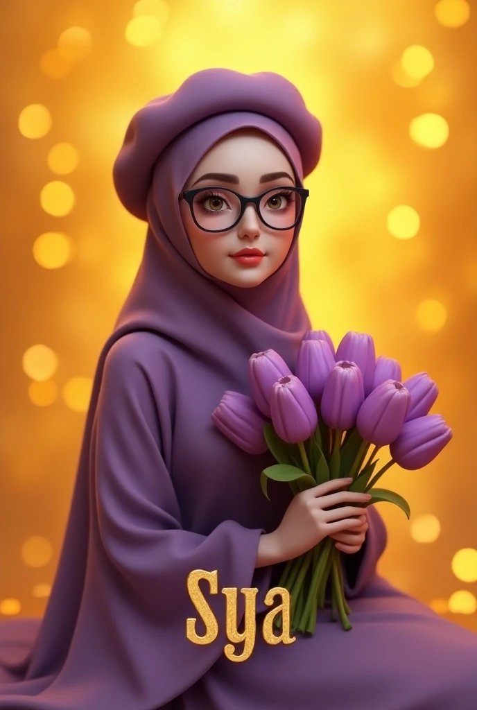 Realistic Karikatur, A women wearing hijab, pastel brown color hijab, wearing black graduation hat, wearing pastel blue graduation hood with yellow color on the edge, wearing black graduation gown, Long graduation gown that covers the ankles, wearing shoes, , flower garden background , kawaii theme designs, kawaii poses