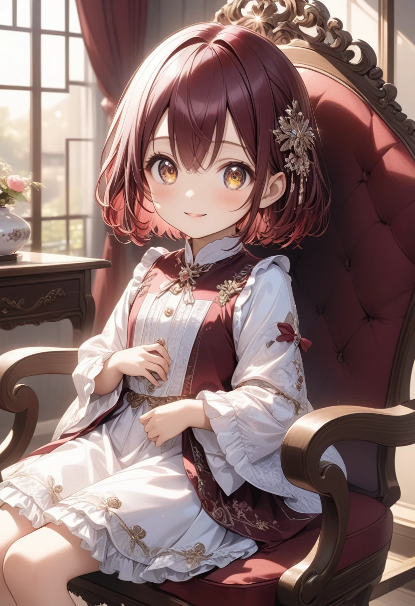   shiny maroon hair , short hair , (  brown pretty eyes  、  sparkling eyes, fine grain)、smile、 very detailed eyes、 Highly detailed face, Very elaborate eyes  ,,  cowboy shot、 ( best quality, masterpiece:1.2), 非常に  High Resolution  ,  High Resolution  , Women only、 best quality、 best quality、  cute anime girls putting their hands around each other's backs、18 years old、Long Hair、 sitting on a chair 。
