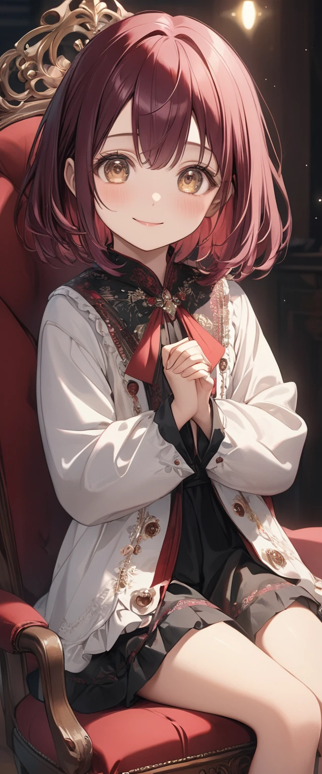   shiny maroon hair , short hair , (  brown pretty eyes  、  sparkling eyes, fine grain)、smile、 very detailed eyes、 Highly detailed face, Very elaborate eyes  ,,  cowboy shot、 ( best quality, masterpiece:1.2), 非常に  High Resolution  ,  High Resolution  , Women only、 best quality、 best quality、  cute anime girls putting their hands around each other's backs、18 years old、Long Hair、 sitting on a chair 。
