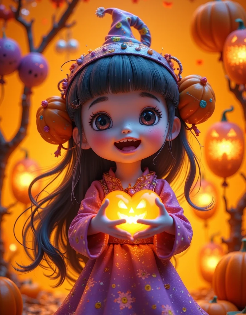 Cartoon，万圣节Cartoon鬼戴着女巫帽， makes a heart gesture with your hands isolated on an orange background,  happy Halloween concept , Thermal Imaging ， neon light silhouette ，(Fire feeling )，(Thermal Imaging 特效:1.5)，detail，Sense of atmosphere，Light Sensitivity，Luminescence，Light and Shadow, Fresh and natural, fairy tale, color, Abstract composition, 奇幻的Cartoon,Dreamy emotions, Beautiful fantasy art, Ethereal fantasy,  very beautiful fantasy art , Digital Art Fantasy,  enchanting and otherworldly , Fantasy Beauty, Volumetric Light, Natural soft light, C4D rendering, super high detail, color鲜艳, Bright, RGB, color斑斓), (High contrast:1.5), (whole body:1.8), Magazine Photography,  popular on social platforms , ((Dopamineism)), (((Dopamine color matching))), Facing the screen, Dopamine color, High Saturation,  High Contrast ,  High Definition , Dopamine, (in the style of Y2K), Luo Erchun, Three-dimensional ancient style, Oriental Poetry and Painting, (Ultra-fine:1.2, Out of Focus:1.2, color鲜艳, Movie Lighting, Chiaroscuro, Ray Tracing,  surrealism, masterpiece, ccurate,  are anatomically correct, Textured Skin, 超级detail, 8k), 3d, 8k, UHD [Vision:1.0] [Wide Angle:1.0]，Blind box design ，Pop Mart