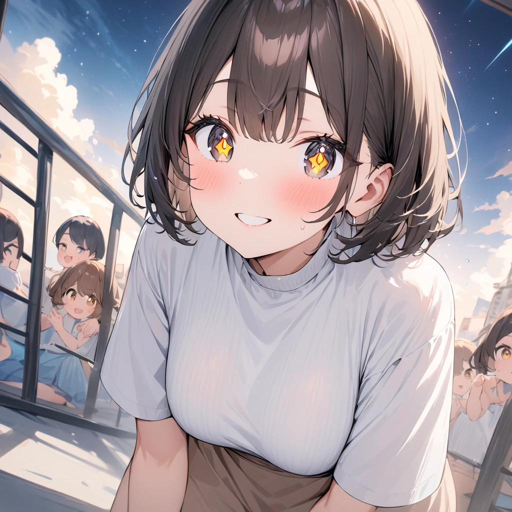  shiny brown hair sitting on the fire escape, short hair, (Beautiful brown eyes、  sparkling eyes, fine grain)、smile、Super detailedな目、 very detailed faces ,  highly detailed eyes ,,  cowboy shot、 ( best quality, masterpiece:1.2), 非常に High Resolution ,  High Resolution , Women only、 best quality、 best quality、 high detail, Super detailed, 超 High Resolution , Girls are having fun in the galaxy of their dreams , Surrounded by stars, The warm light that shines on her,  The background is a starry sky with colorful galaxies and galactic clouds, The stars fly around her, Add fun ,